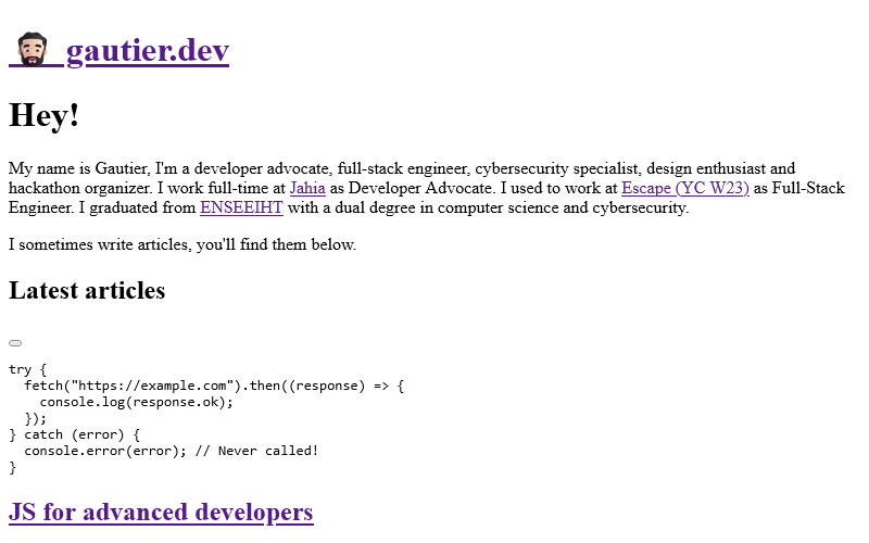 The homepage of this very website, without CSS