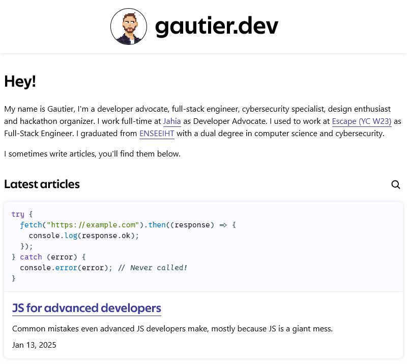 The homepage of this very website, with CSS